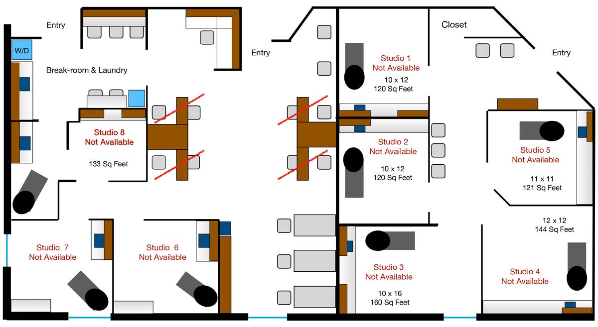 Floor plan of studios and common areas; The Nail Department and More marked with red lines.